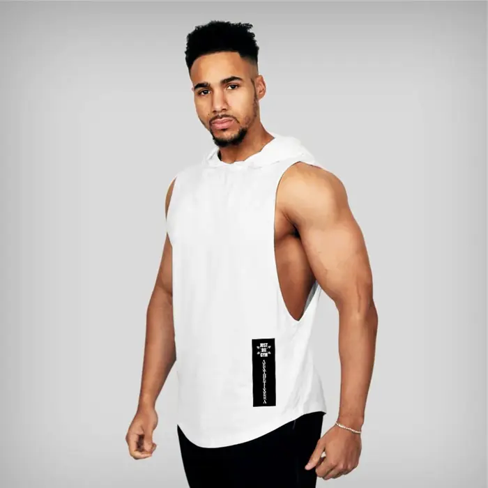 Vêtements de gymnastique à capuche été coton Fitness débardeurs côté ouvert hommes entraînement Muscles gilets musculation sans manches sweat à capuche ample