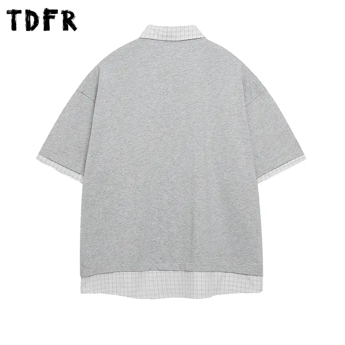 Lettre imprimer faux deux pièces polos hommes décontracté Streetwear été ample à manches courtes couverture en coton