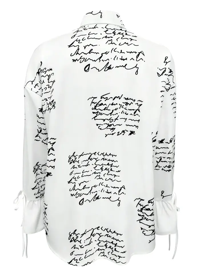 Chemise boutonnée blanche à imprimé script pour femme - Blouse décontractée à manches longues avec poignets à nouer pour le bureau et le style urbain