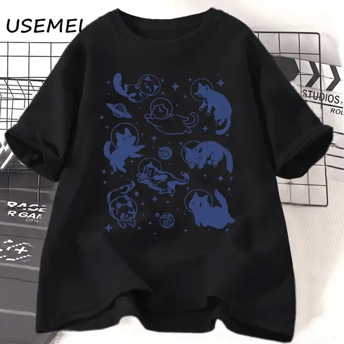 T-shirt imprimé chats dans l'espace pour femmes et hommes, humoristique et mignon, graphique et esth