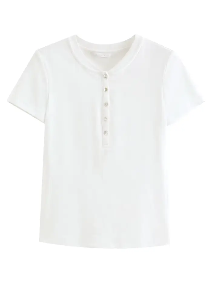 FSLE Nouveau T-shirt blanc ajusté à manches courtes pour femme avec boutons, en coton doux et lyocel