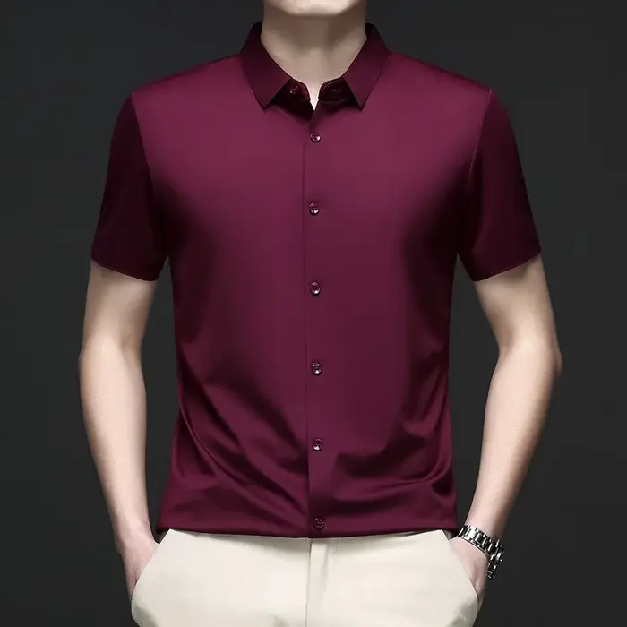 Hommes mûrier soie chemises habillées affaires résistant aux rides sans fer à la mode haut de gamme homme hauts et t-shirts glace Cool chemise vêtements d'été