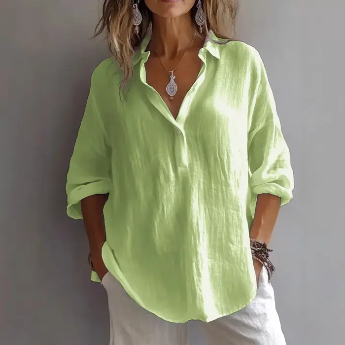 Chemise blanche en mélange de lin pour femmes, couleur unie, ample, manches longues, col en v, chemi