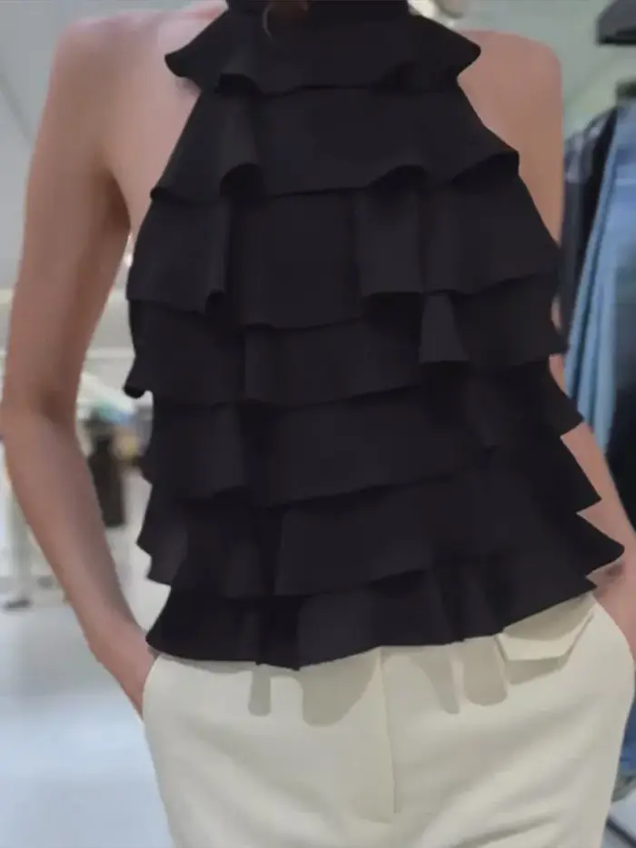Hauts pour femmes à pois, dos nu, à volants en cascade, sans manches, à lacets, coupe ample, pour l'