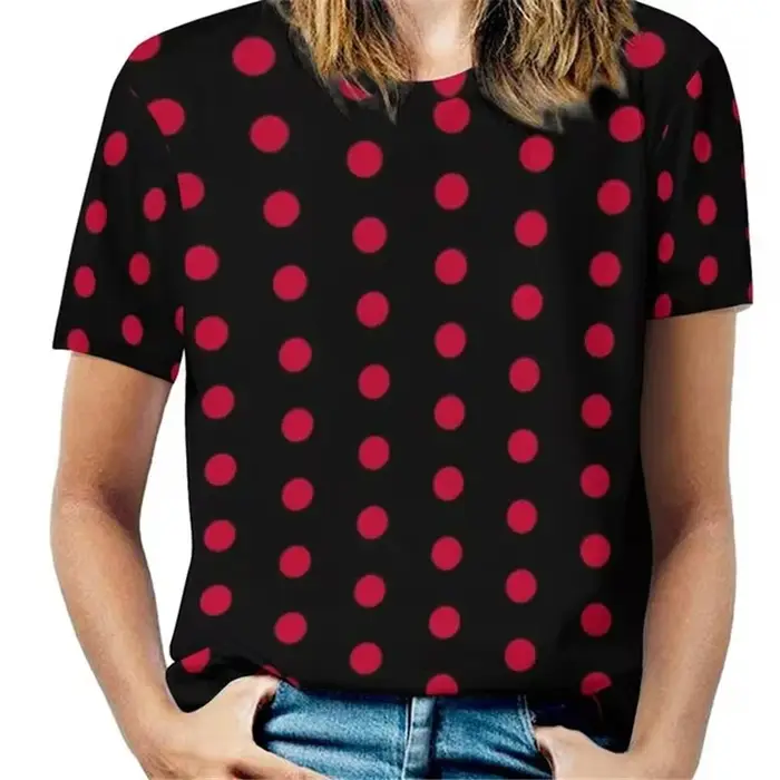 T-shirt à manches courtes et col rond pour femmes, vintage, impression de points 3D, mode rétro, t-s