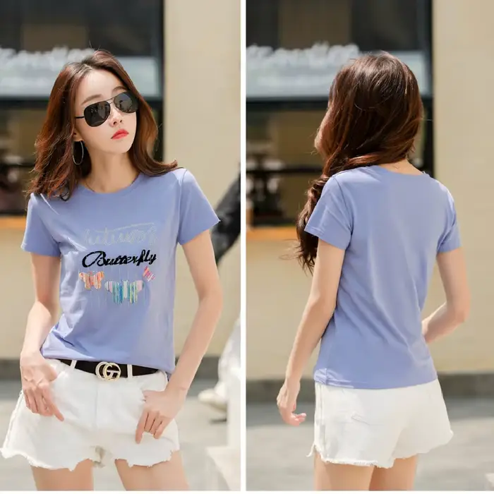 T-shirt manches courtes col rond, ample et brillant, en coton, avec lettres imprimées de papillons,
