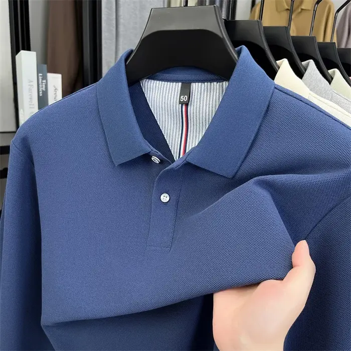 Polo de luxe à manches longues 100% coton nouvelle marque haut de gamme simple confortable couleur unie T-shirt de golf pour loisirs et affaires automne