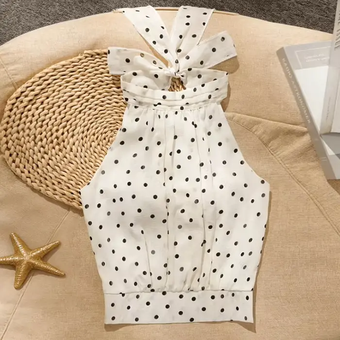 Nouvelle Blouse Sans Manches Élégante pour Femme, Col Halter à Lacets, Motif à Pois, Hauts et Chemis