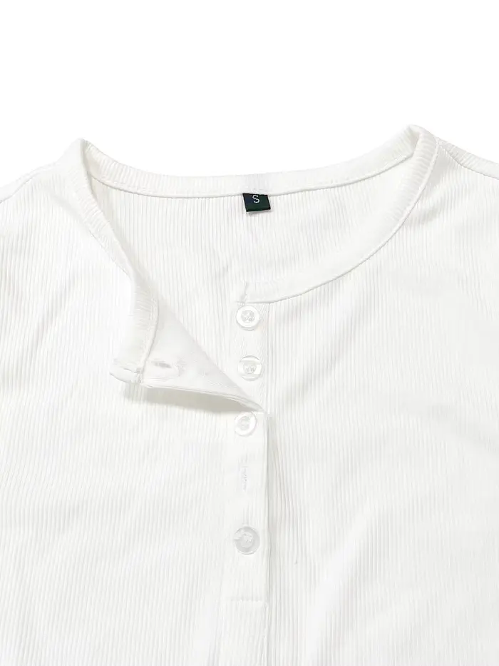 T-shirt côtelé uni à demi-bouton sur le devant pour femmes, haut tendance, coupe décontractée, t-shi