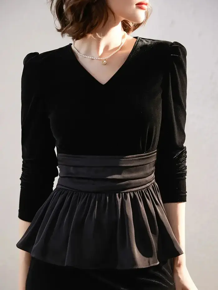 Modiis Yao-Haut en velours vintage pour femme, col en V, chemise à manches longues, conception d'ourlet épissé, automne, 2023