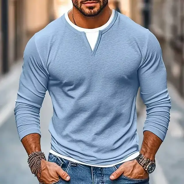 T-Shirt à manches longues pour hommes, automne hiver, mode épissage, grande taille, chemise de Base,