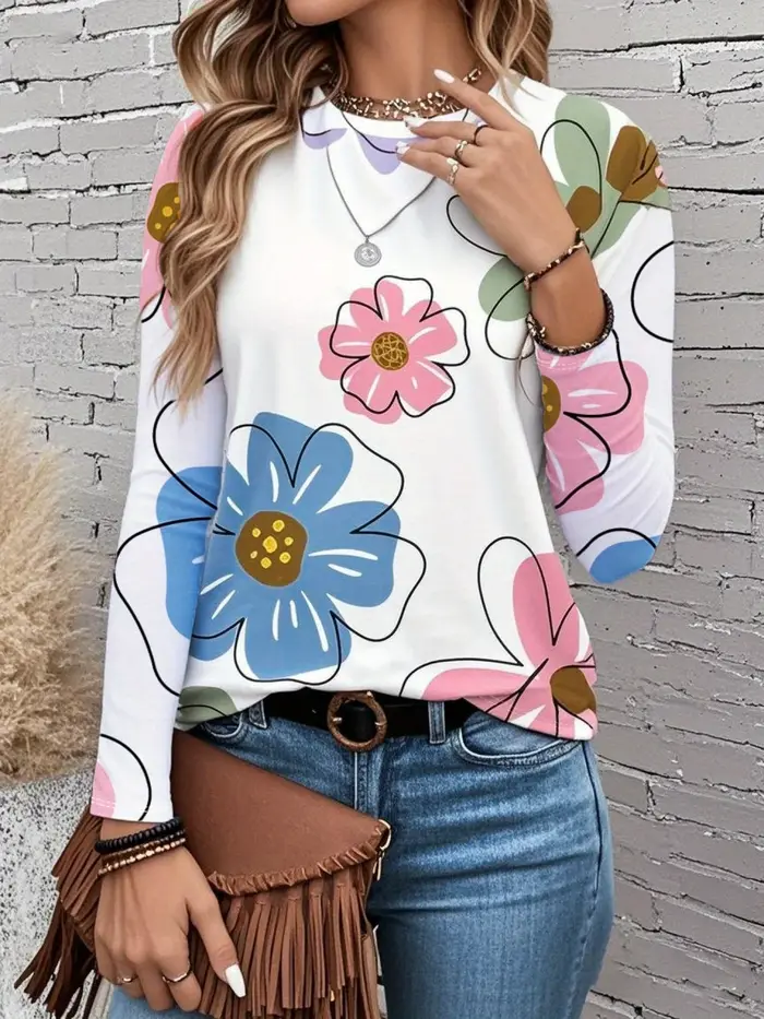 T-shirt femme 3D petit imprimé floral frais mode manches longues col rond haut régulier vacances wee