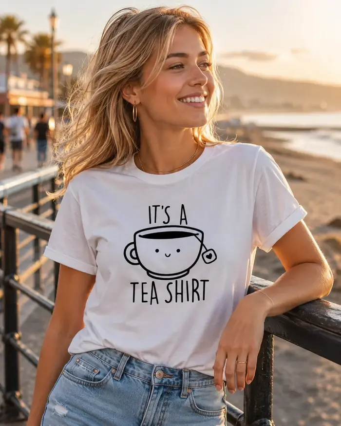 T-shirt décontracté pour femmes avec motif de dessin animé de tasse de thé imprimé avec l'inscription « It's A Tea
