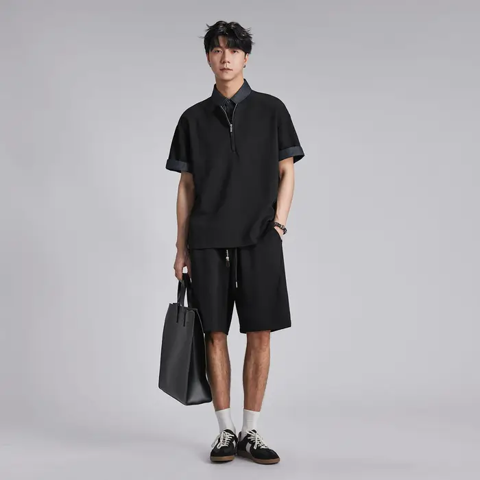 Ensemble Polo Homme Tendance à Col Contrastant et Demi-Zip Effet Deux Pièces