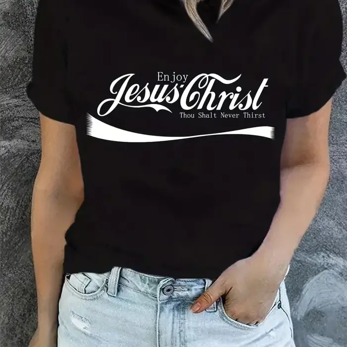 T-Shirt imprimé Jésus Enjoy Christ, haut décontracté à manches courtes et col rond pour le printemps