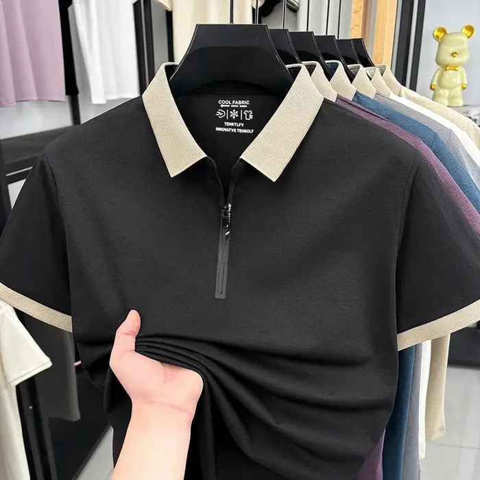 Polo pour homme en tissu respirant à demi-zip avec col à revers et manches courtes