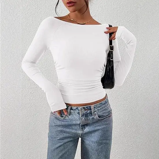 T-shirt côtelé à manches longues pour femme