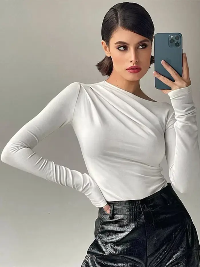 Haut à manches longues blanc T-Shirts femmes basique