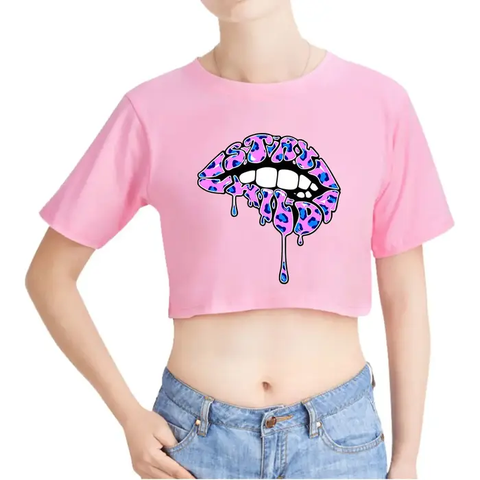 Ben Azelart Stay Wild Lip Vintage 90s Crop Top Exposed Navel T-Shirt Oversize O-Neck Tops Women Funny