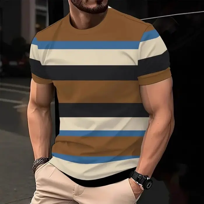 Rayures colorées motif T-Shirt pour hommes mode bloc de couleur 3D imprimé t-shirts été respirant haut col en o