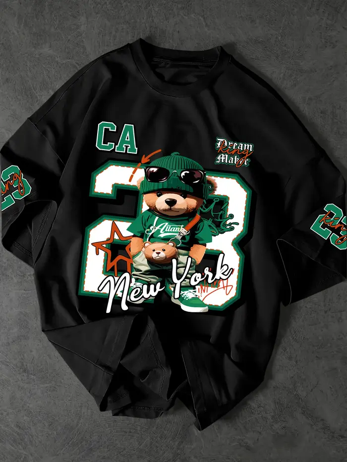 T-shirt pour homme, imprimé multi-positions Hip-Hop Teddy Bear avec le numéro 23 et le texte New Yor