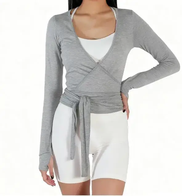 Femmes Sexy Wrap culture hauts T-Shirts à manches longues col en V profond cravate entraînement Ballet Pilates Yoga