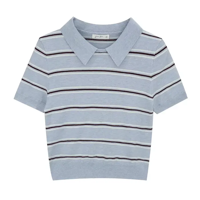 Français élégant col Polo rayé à manches courtes haut tricoté femmes été coupe ajustée belle petite chemise T-Shirt mode féminine