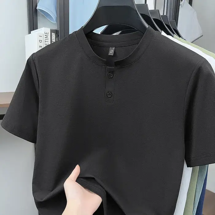 T-shirt Henley basique pour homme, col à deux boutons, tissu doux, fin et extensible, manches courte