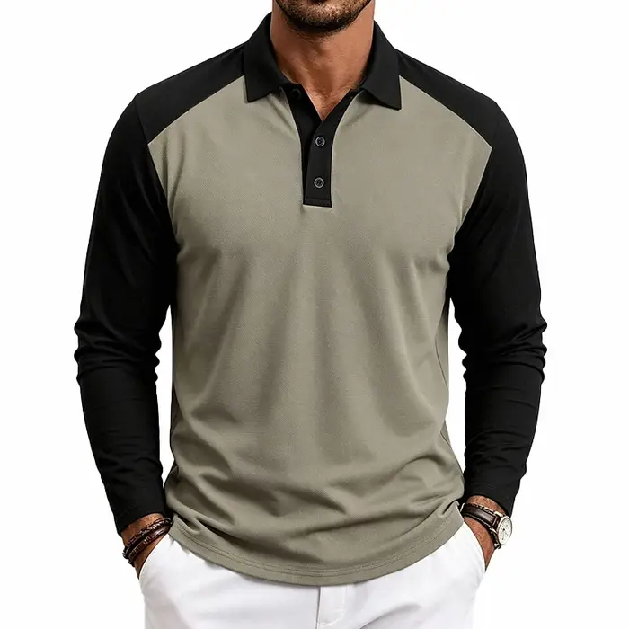 Polo à manches raglan color-block pour homme, idéal pour l'automne, T-shirt décontracté à manches lo