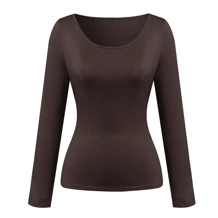 T-Shirt à manches longues pour femmes, marron foncé, côtelé, large col rond, coupe cintrée, printemp