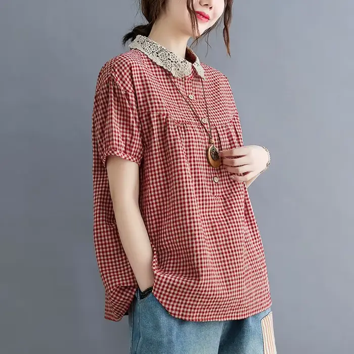 Chemises décontractées en coton et lin pour femmes, style vintage, col claudine, imprimé à carreaux,