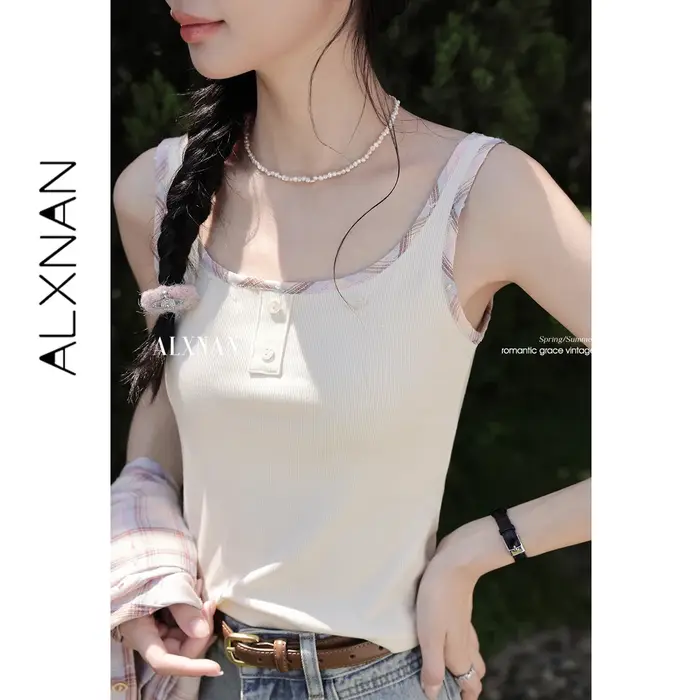 ALXNAN Débardeurs Femme Blanc Cassé Élégant Coupe Ajustée Camisole Été 2026 Décontracté Vacances Plage Sans Manches