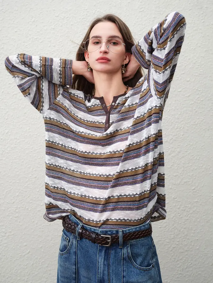 FSLE【Série Premium】T-shirt rayé à manches longues pour femme Printemps 2026 - Coupe décontractée