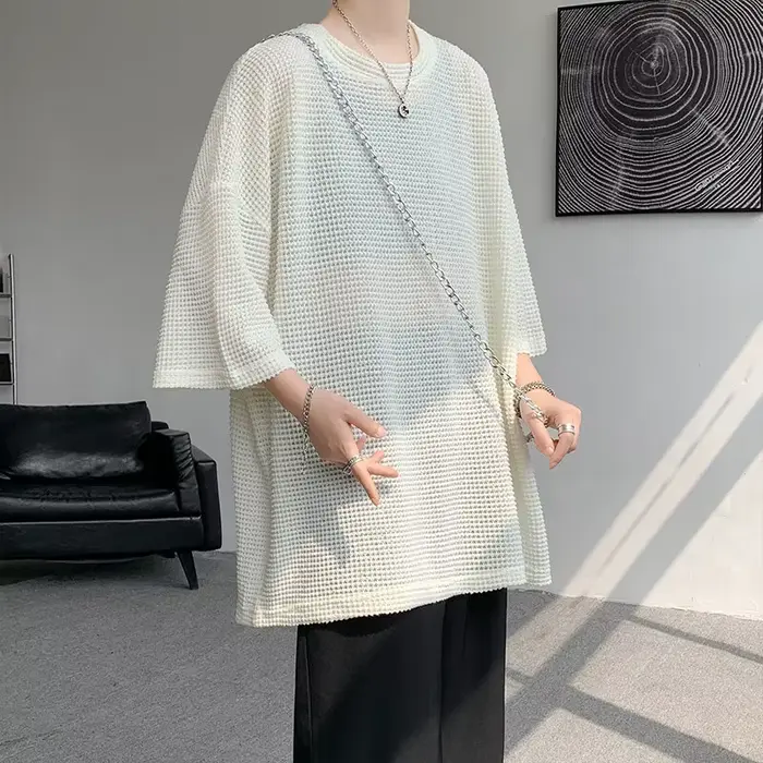 Chemise de Base hommes été surdimensionné demi manches T-Shirt Semi Transparent perforé respirant Streetwear