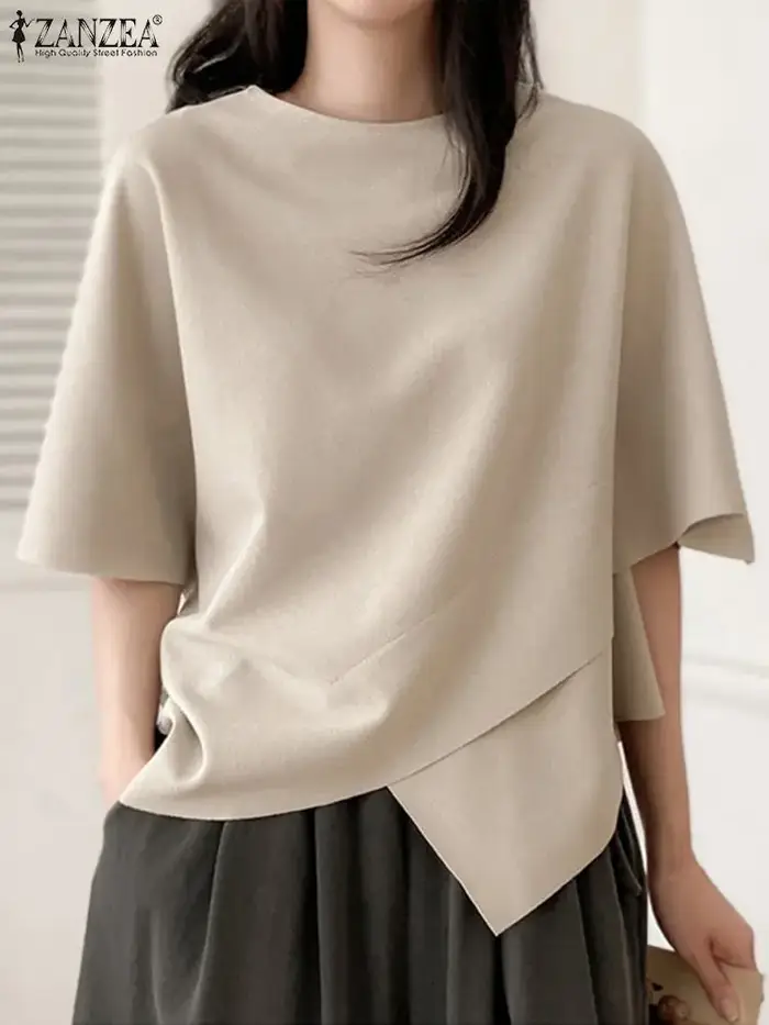 ZANZEA femmes asymétrique t-shirt mode été demi manches t-shirts 2024 coréen col rond plaine tuniques décontracté ample solide Simple hauts