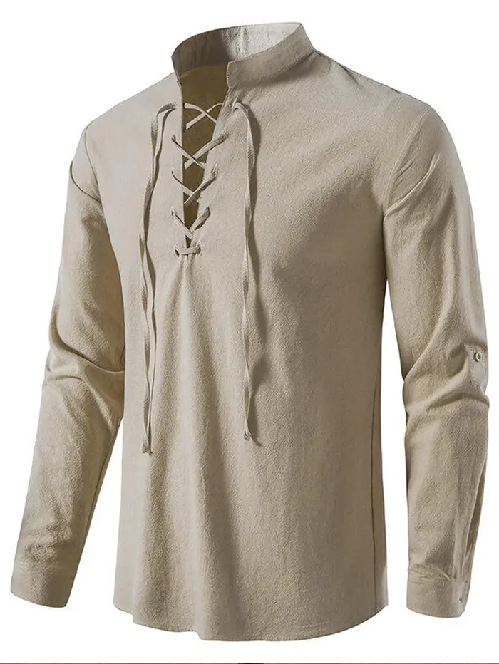 Chemise Henley décontractée pour homme, col montant, manches longues avec poignets à cordon de serra