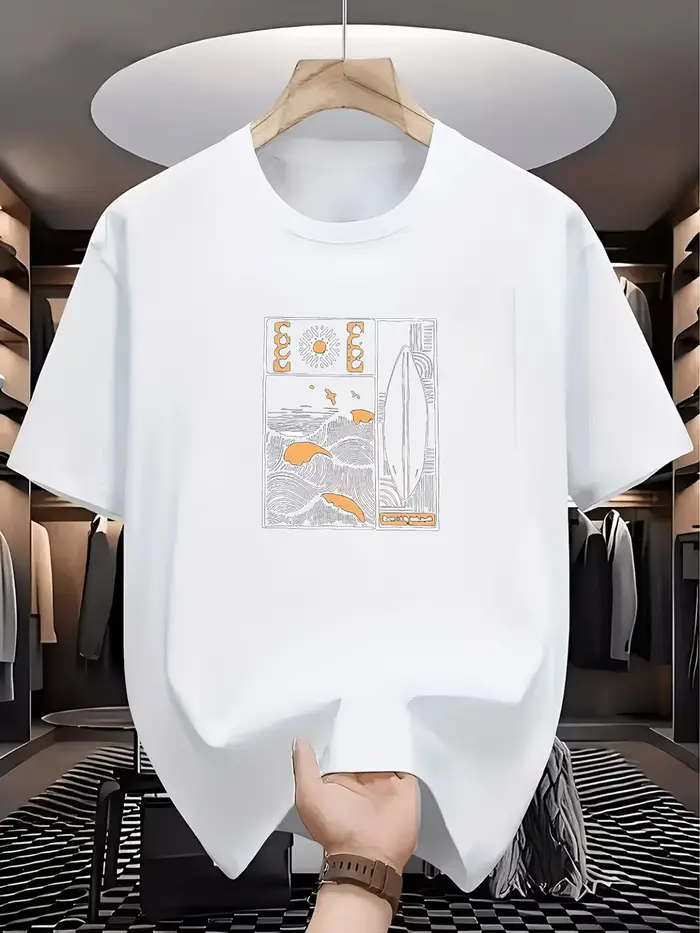 T-shirt pour homme à imprimé vague de surf rétro - Haut décontracté à col rond pour la plage avec motif de planche