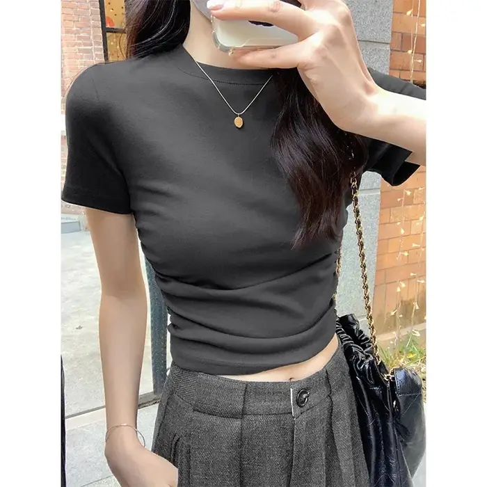 T-Shirt à manches courtes et col rond pour femmes, polyvalent, coupe cintrée, couche inférieure, vêt