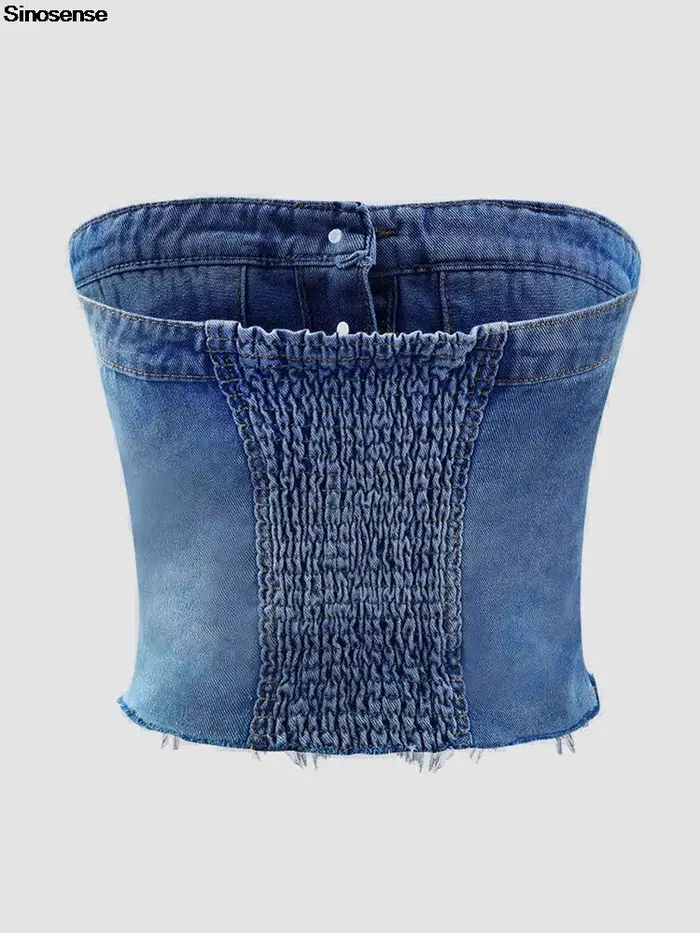 Haut court en denim sans bretelles pour femme