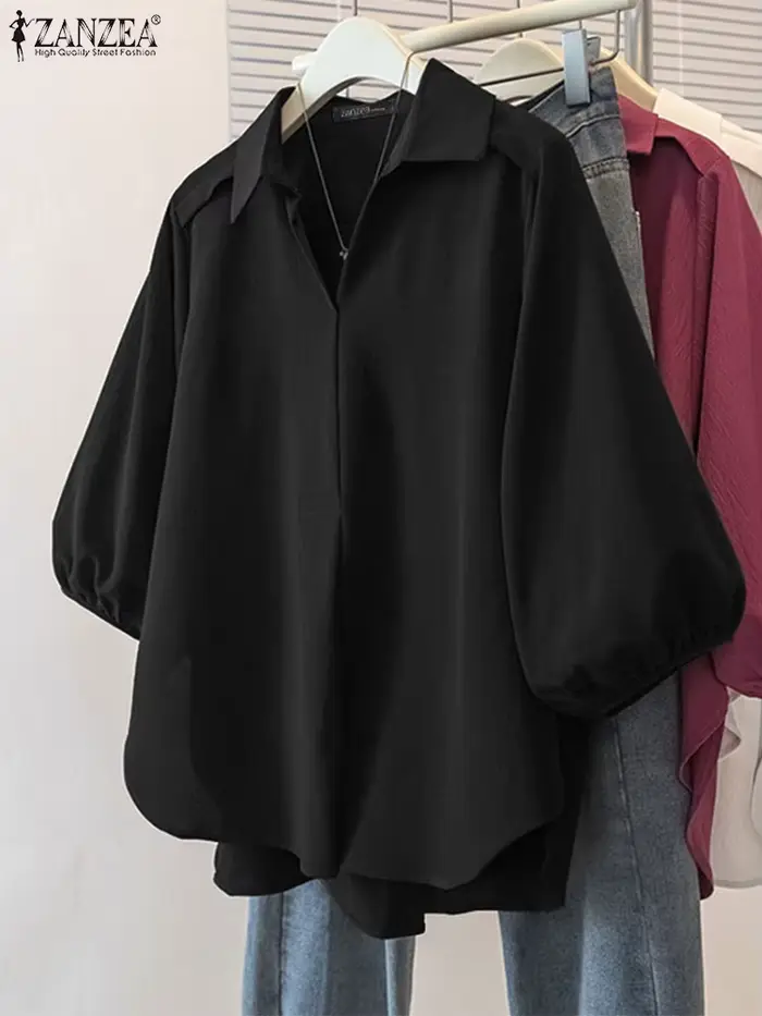 ZANZEA femmes chemisier asymétrique 3/4 lanterne manches couleur unie hauts mode col rabattu tunique décontractée été pull Blusa
