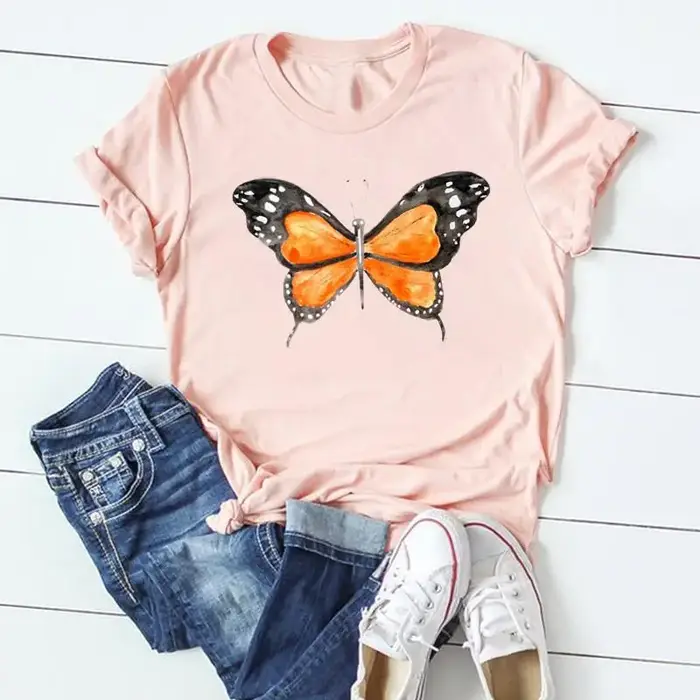 T-shirt à manches courtes imprimé papillon pour femmes