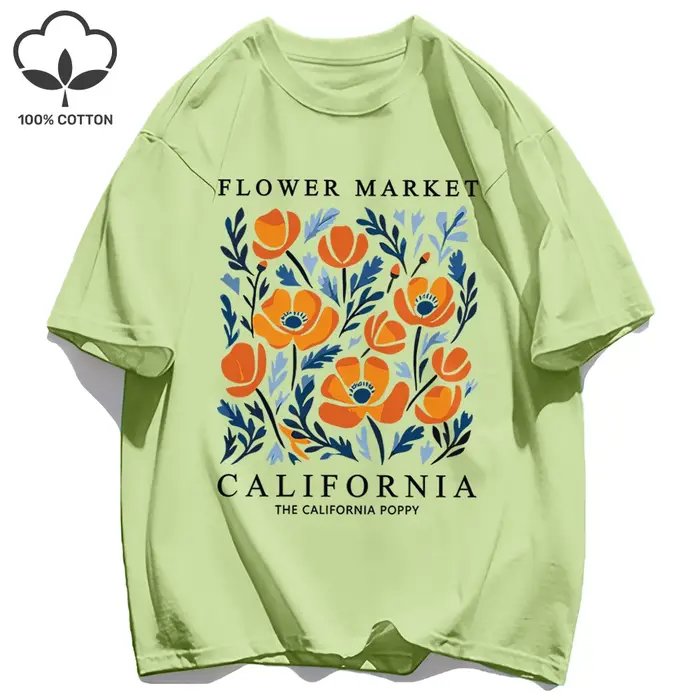 Fleurs jaunes marché californie imprimé T-Shirt femme coton doux