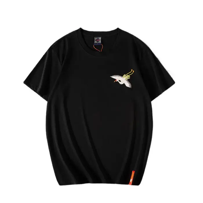 T-shirt brodé de style chinois pour homme, 100 % coton, coupe ample, col rond, manches courtes, resp