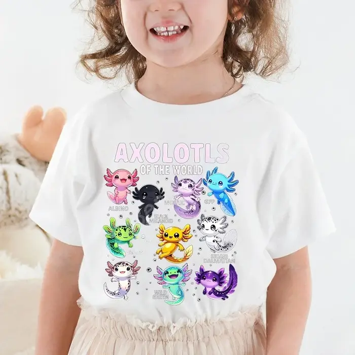 Dessin animé coloré Axolotls graphique impression 3D T-Shirt été décontracté confortable filles vêtements 2-10Y