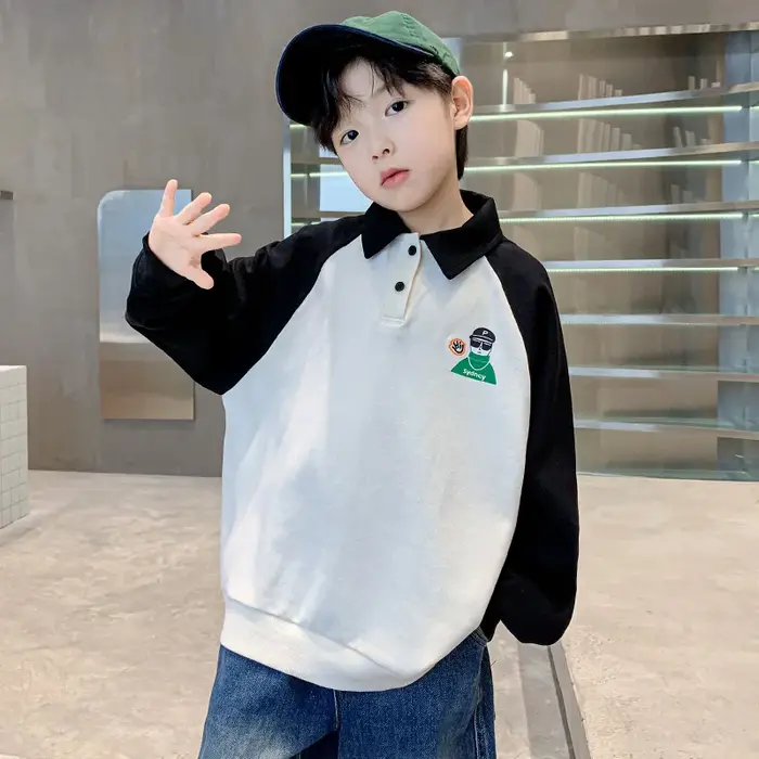 Sweat-shirt à col polo pour enfants, style vintage, manches longues, coton, adolescents, garçons, en