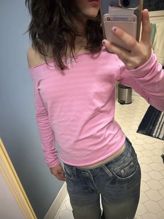 T-shirt rose rayé à manches longues pour femme