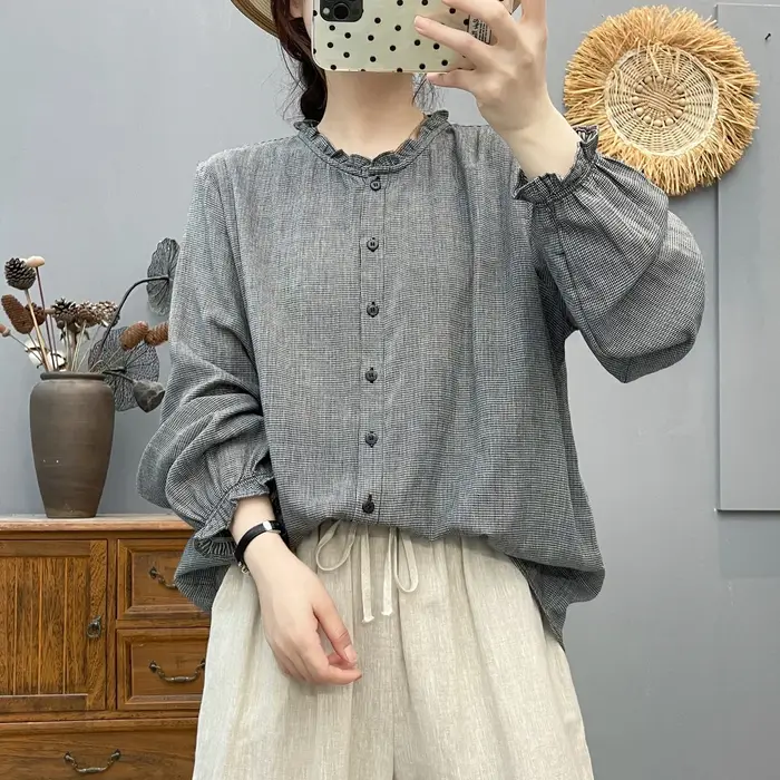 Chemise en coton à manches longues et col en dentelle élégante pour femme, coupe ajustée décontracté