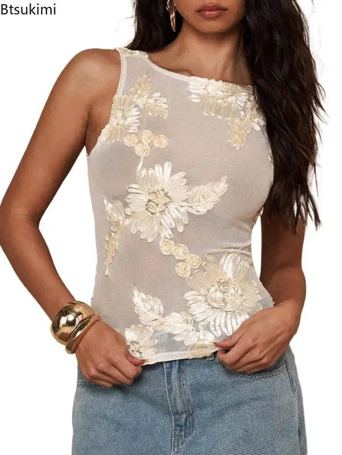 Nouveaux débardeurs pour femmes à col rond avec broderie florale en maille transparente