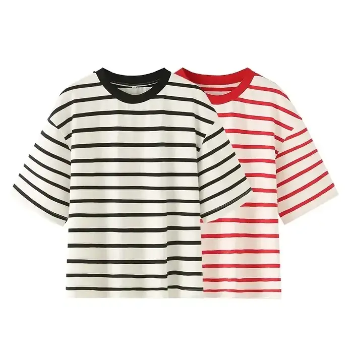 Rayé femmes mode T-shirts col rond manches courtes