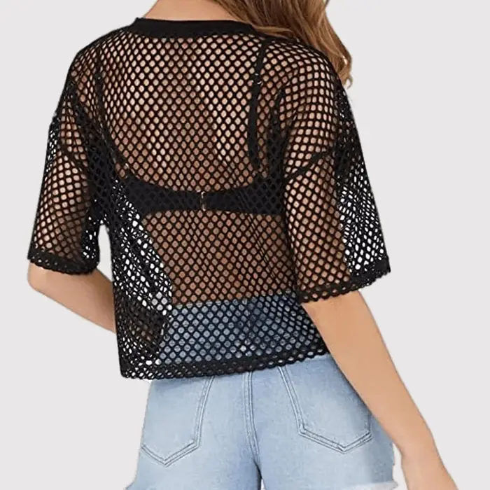 Résille lâche T-shirts Sexy col rond manches courtes évider noir recadrée t-shirt hauts MBN-W109